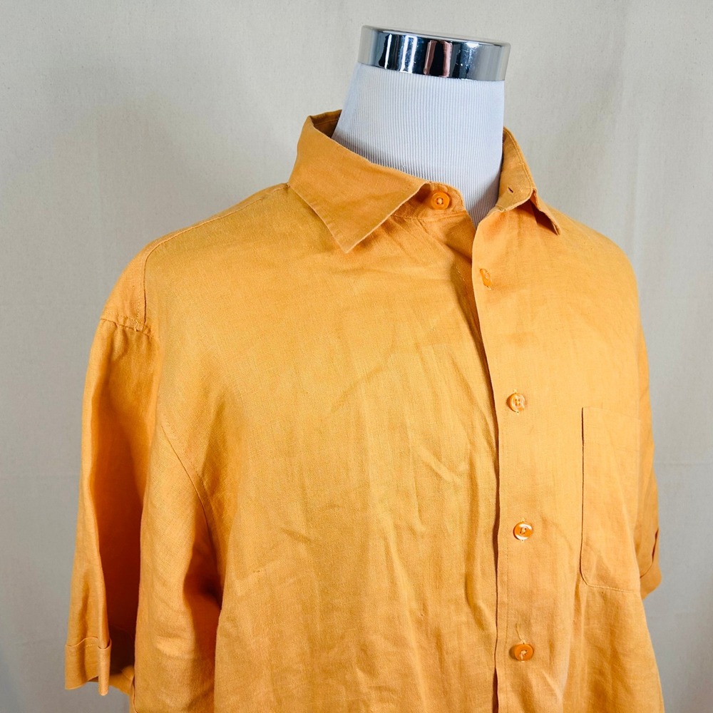 Pronto Uomo XL Modern Fit 100% Linen Button Up Shirt Orange Short Sleeve Mens